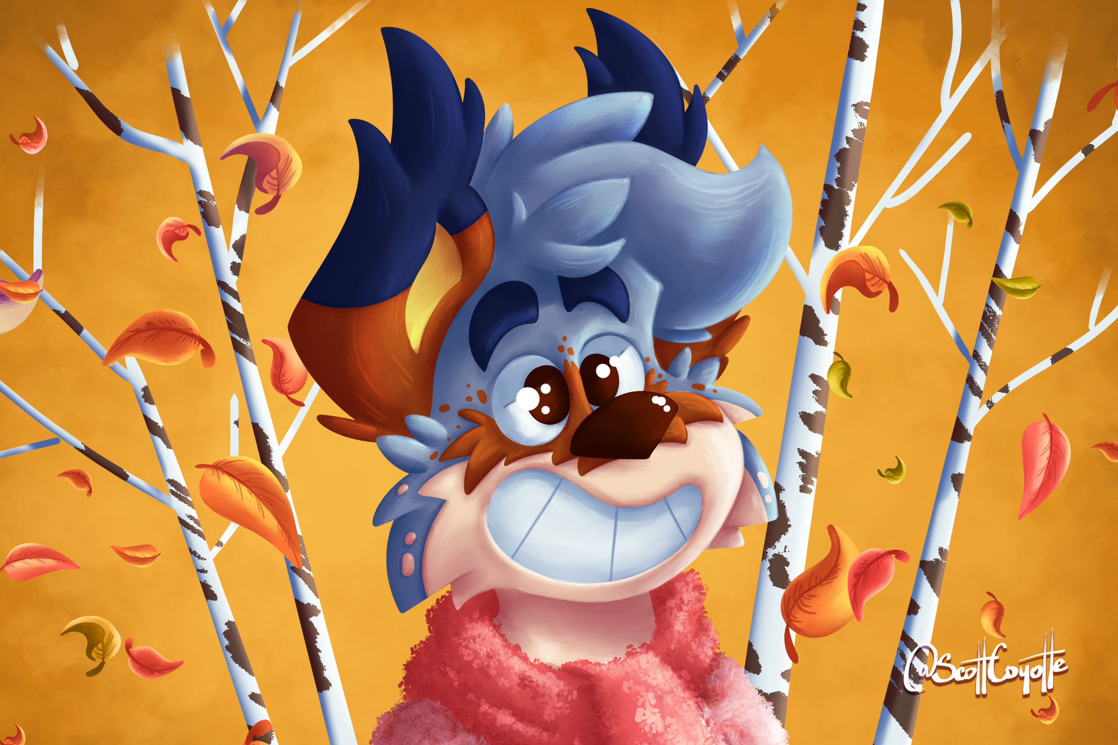 Scott smiles while wearing a wooly pink sweater and being surrounded by a autumn tinted forest.