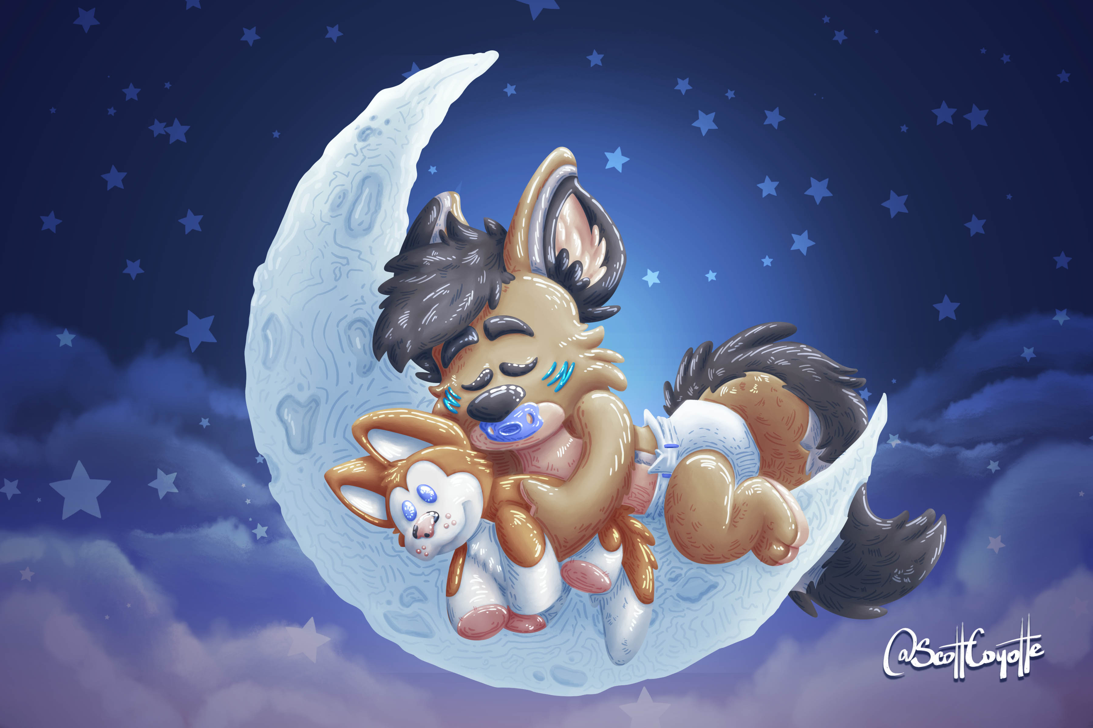 A small illustration commission of Phelan sleeping on a crescent moon.
