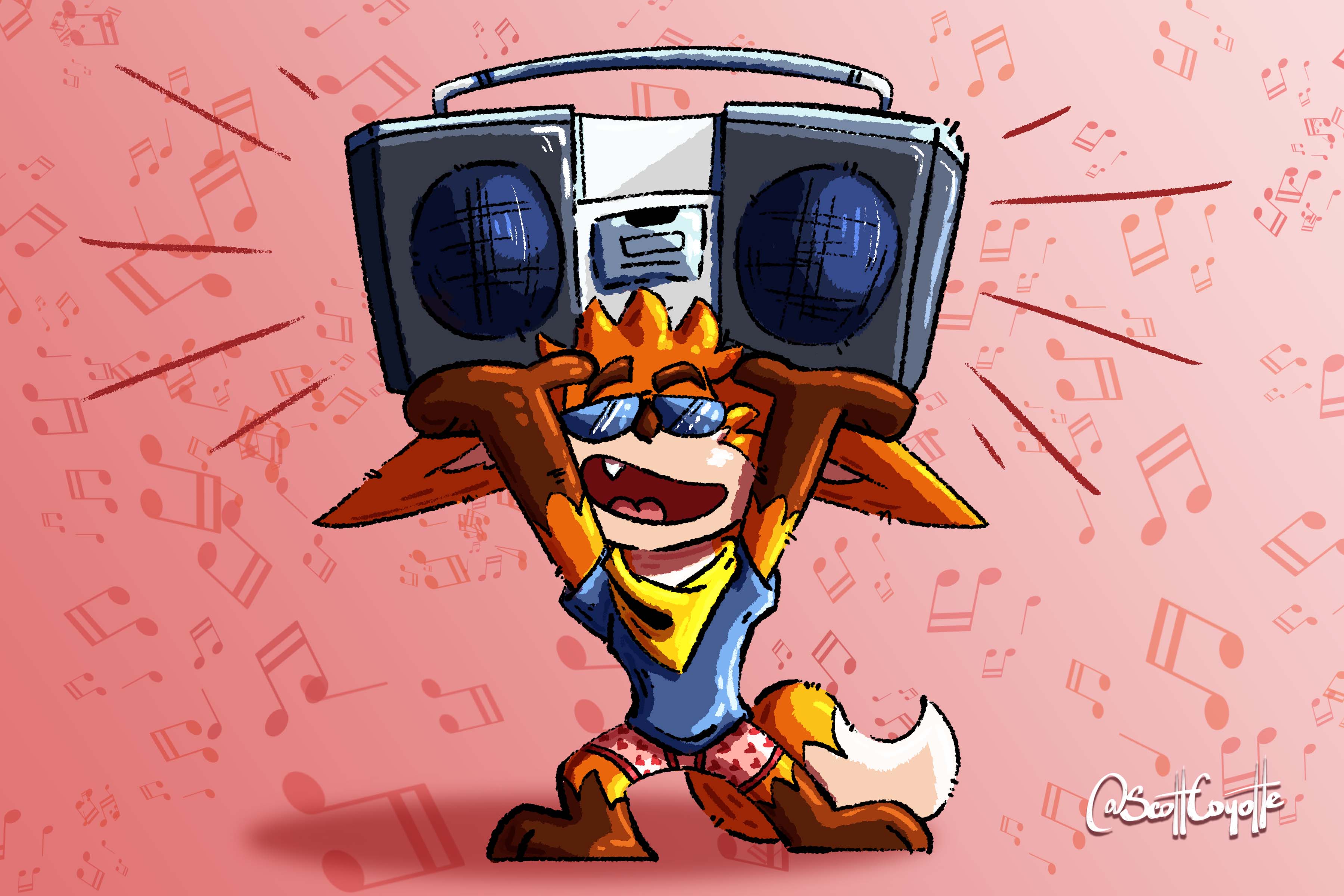 Ozzie is blasting music out of an od beatbox he found in Dan's barn!