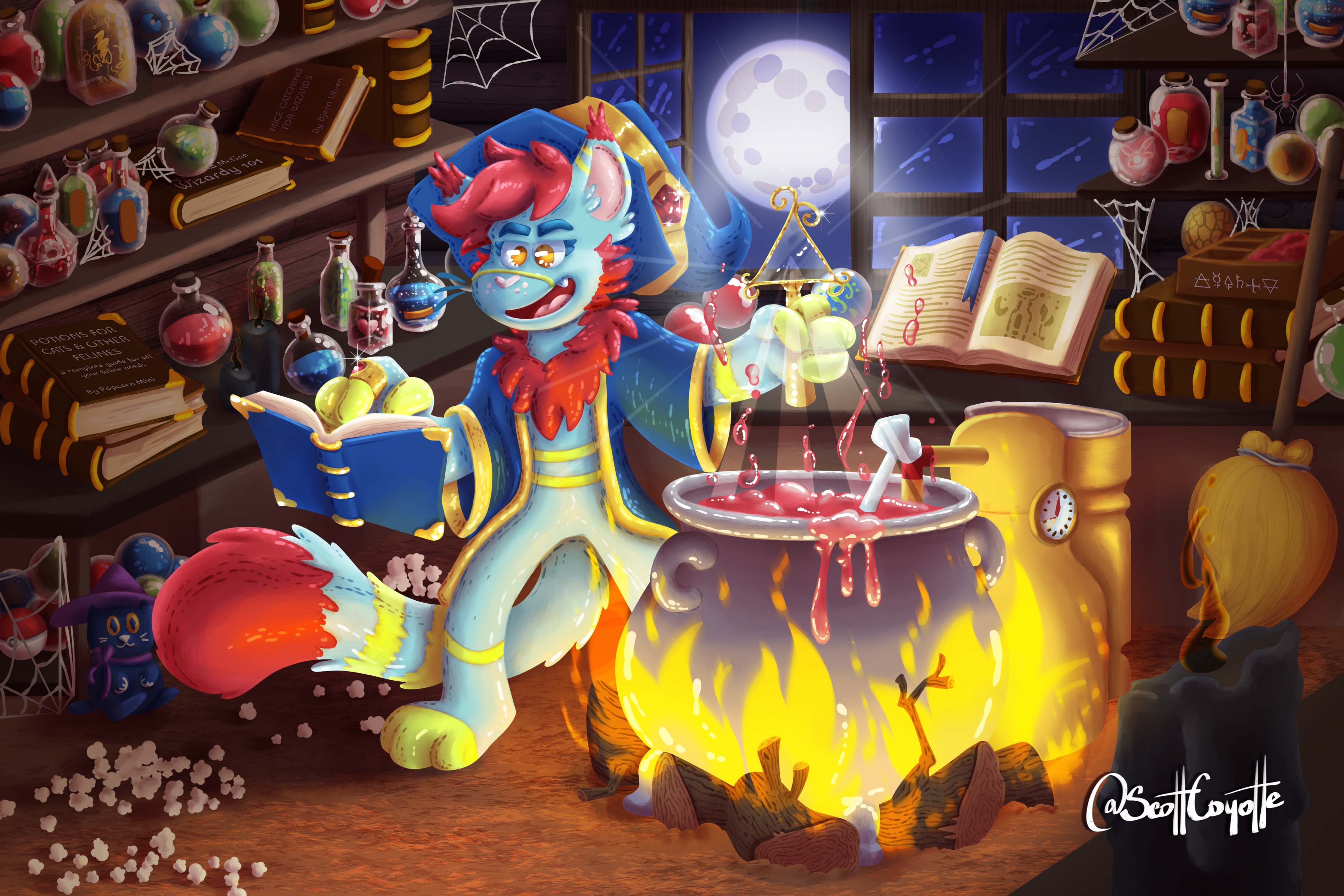 Mini stands before a cauldron, mixing ingredients and making potions!