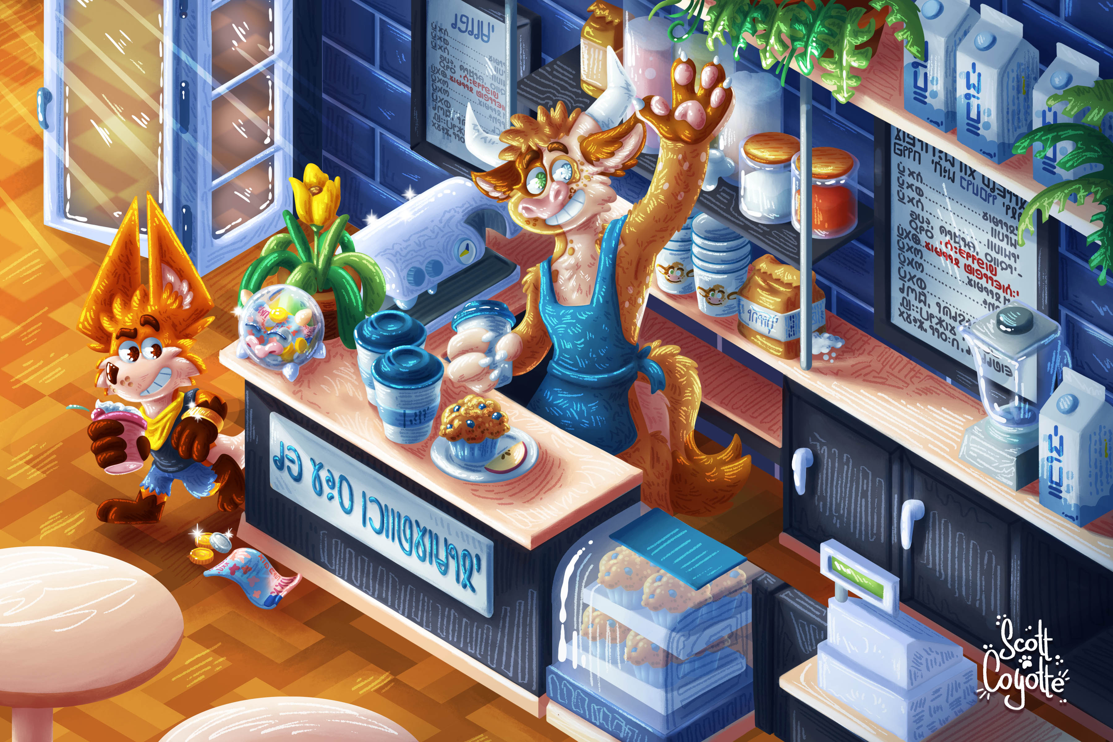 A small commission for Moofin. He's working as a barista on a café. He's waiving at new clients coming in while holding a cup of coffee for an order. Nearby, Ozzie walks mischievously staring at the tip jar.