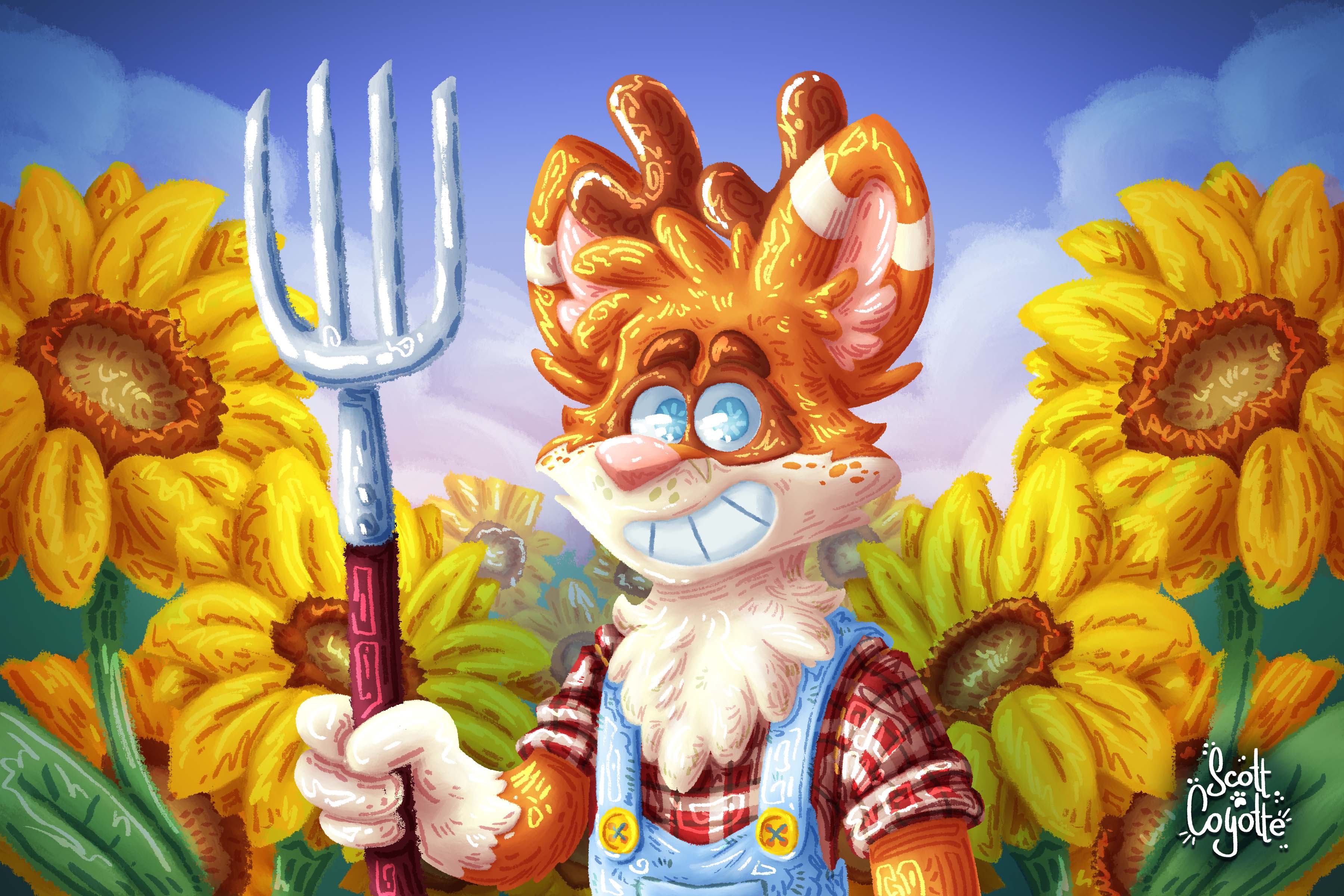 A small illustration commission for Narf, standing in a sunflower field holding a pitchfork.
