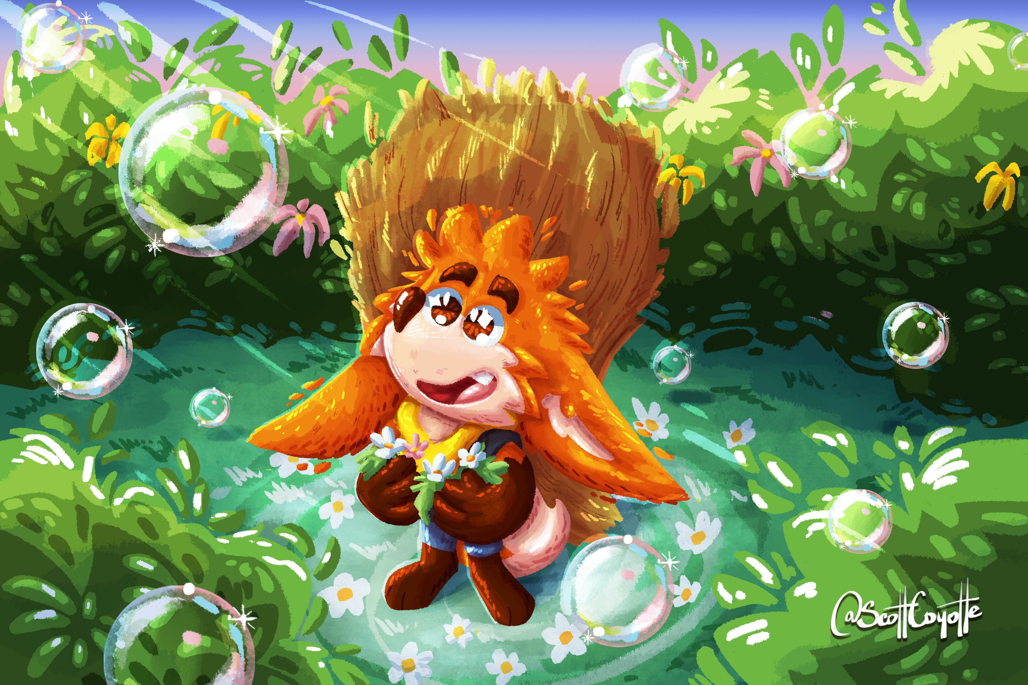 After a long day of collecting flowers, ozzie brought them to his little hideout between the bushes, when Dan found out, he walked nearby and started blowing bubbles, making lil' Ozzie stare in awe as the sunlight bounces off the bubbles in the air.