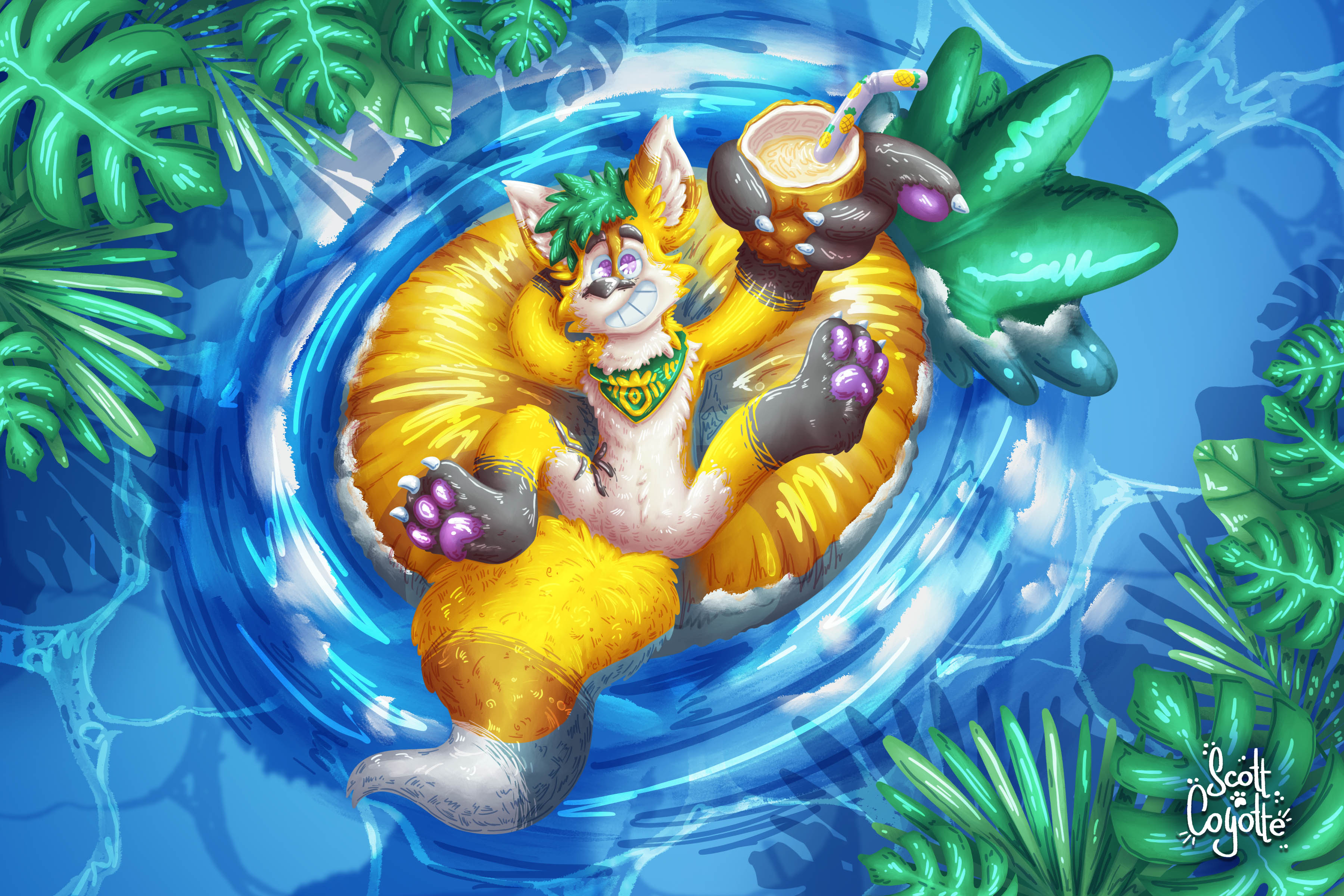 A small illustration of a yellow fox floating on river.