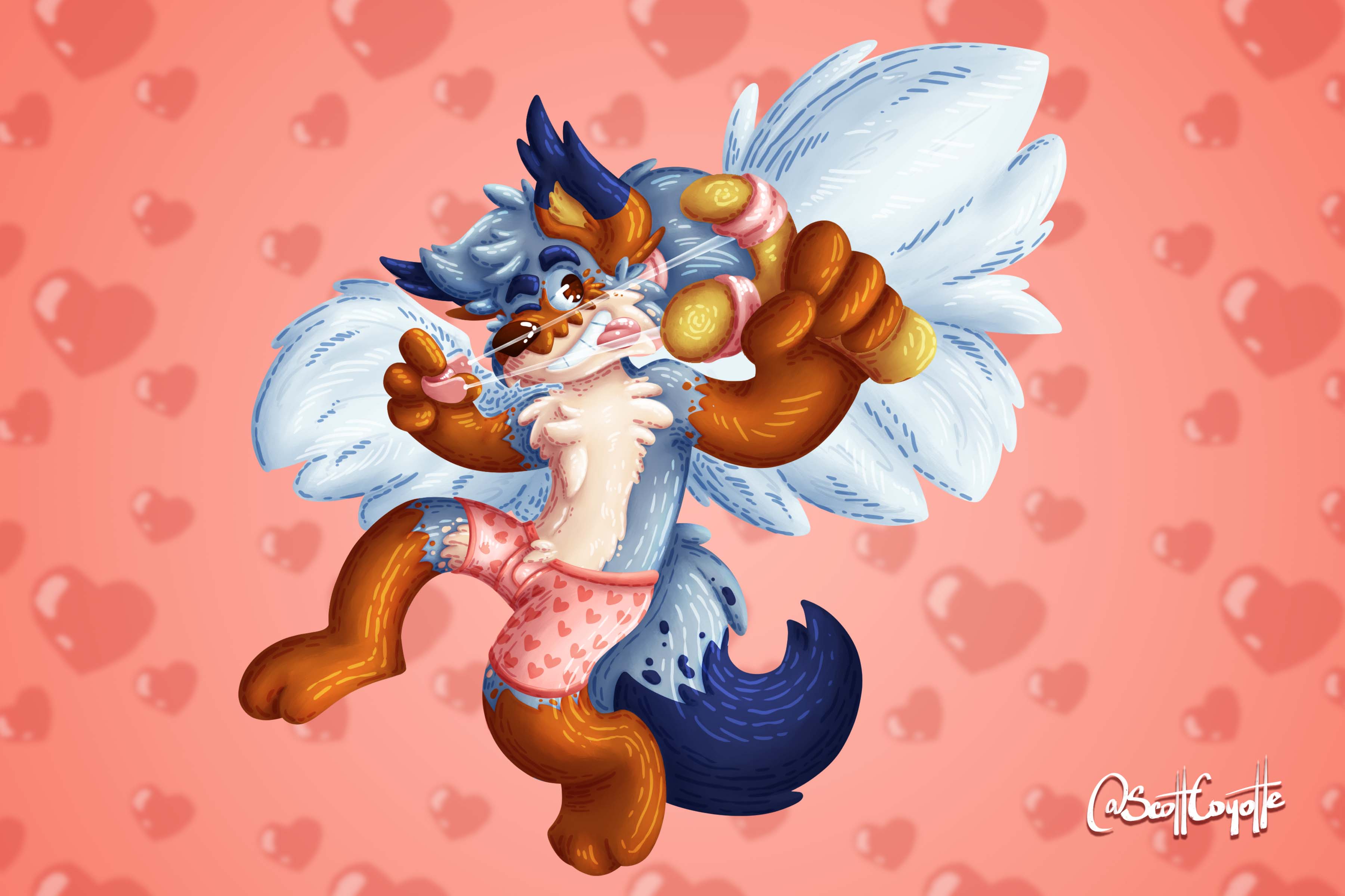 Scott holds a slingshot as he's dressed up for the 14th of February, ready to spread love across the world. He has a pair od pink undies, a pair of wings and is surrounded by hearts!