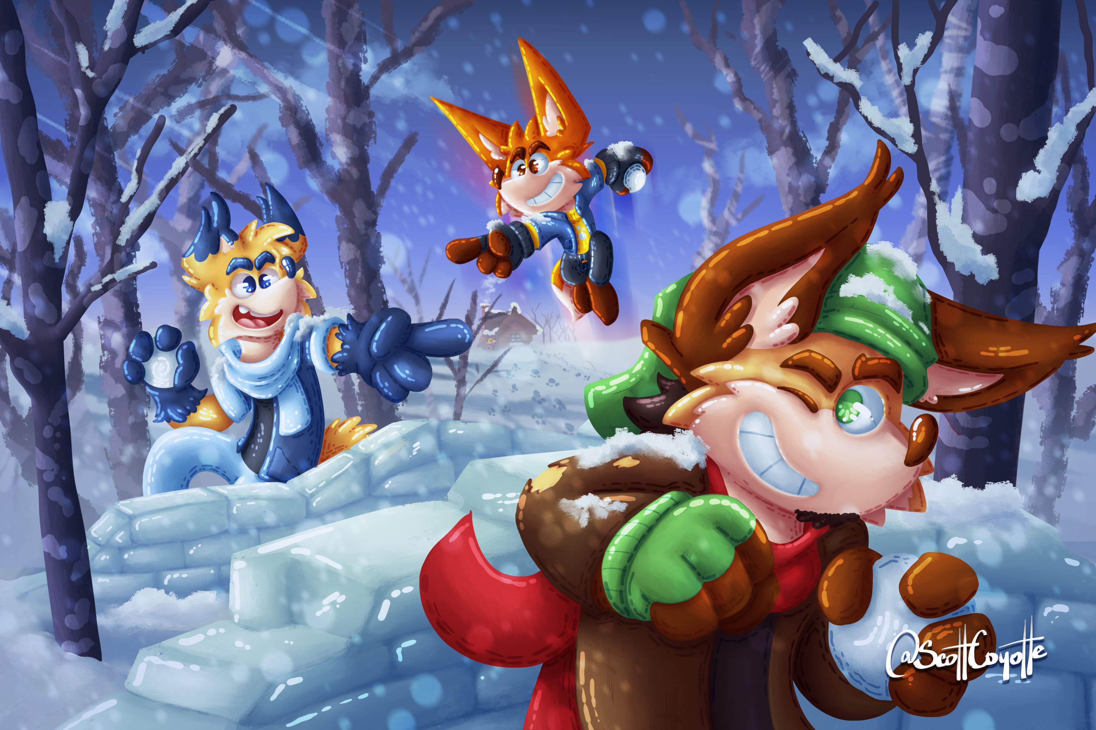 Chris, Ozzie and Mel engage in a snowball fight, a little free-for-all. Mel tries to dodge Chris' snowball while Ozzie is ready to launch at Chris.