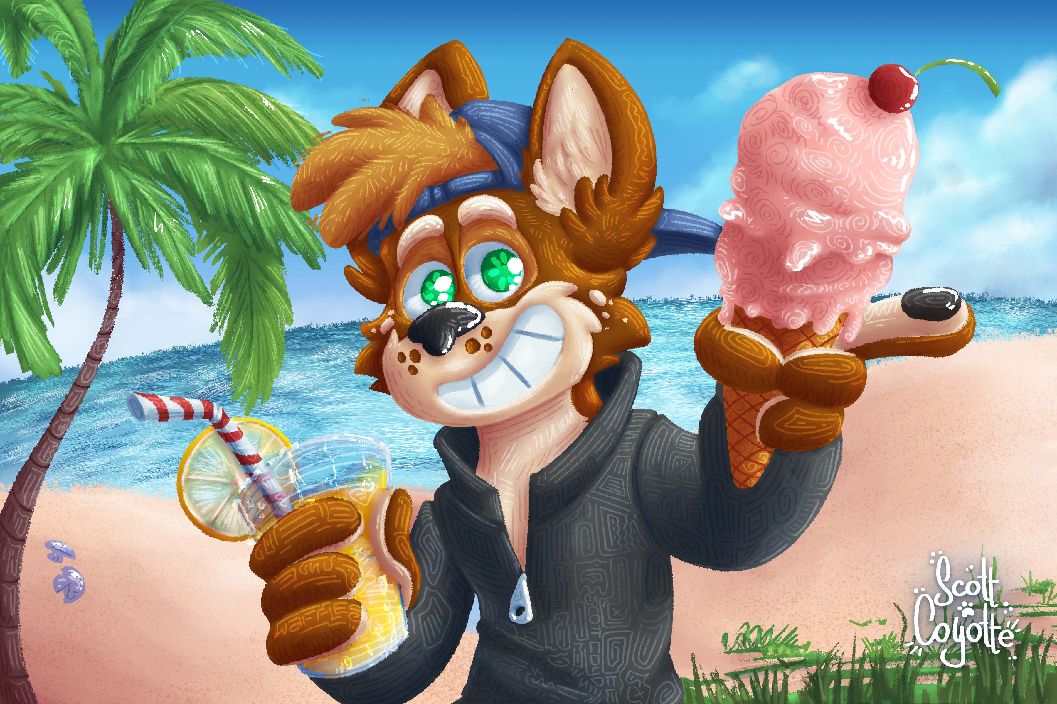 A commission for waffles, holding a strawberry ice cream and a lemonade in the middle of the beach, with a vast ocean behind him and a clear sky above him!