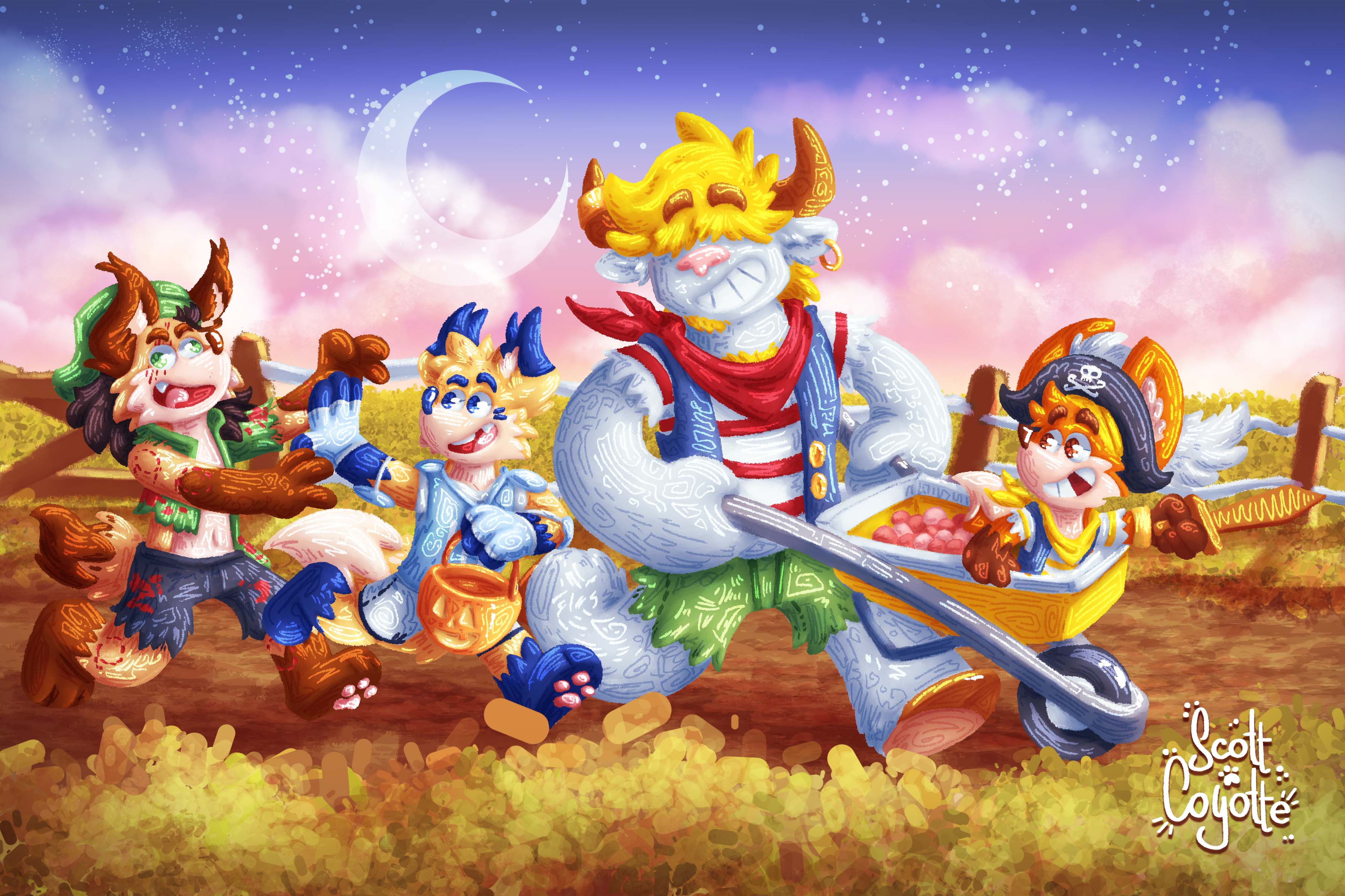 Ozzie and his friends are going trick or treating. Ozzie is wearing a pirate costume, riding a yellow wheelbarrow being pushed by his dad Dan, dressed as a buccaneer. Behind them his friends, Chris & Mel tag along. Chris is dressed as a football player and mel as a zombie. They walk around a yellow wheat field.