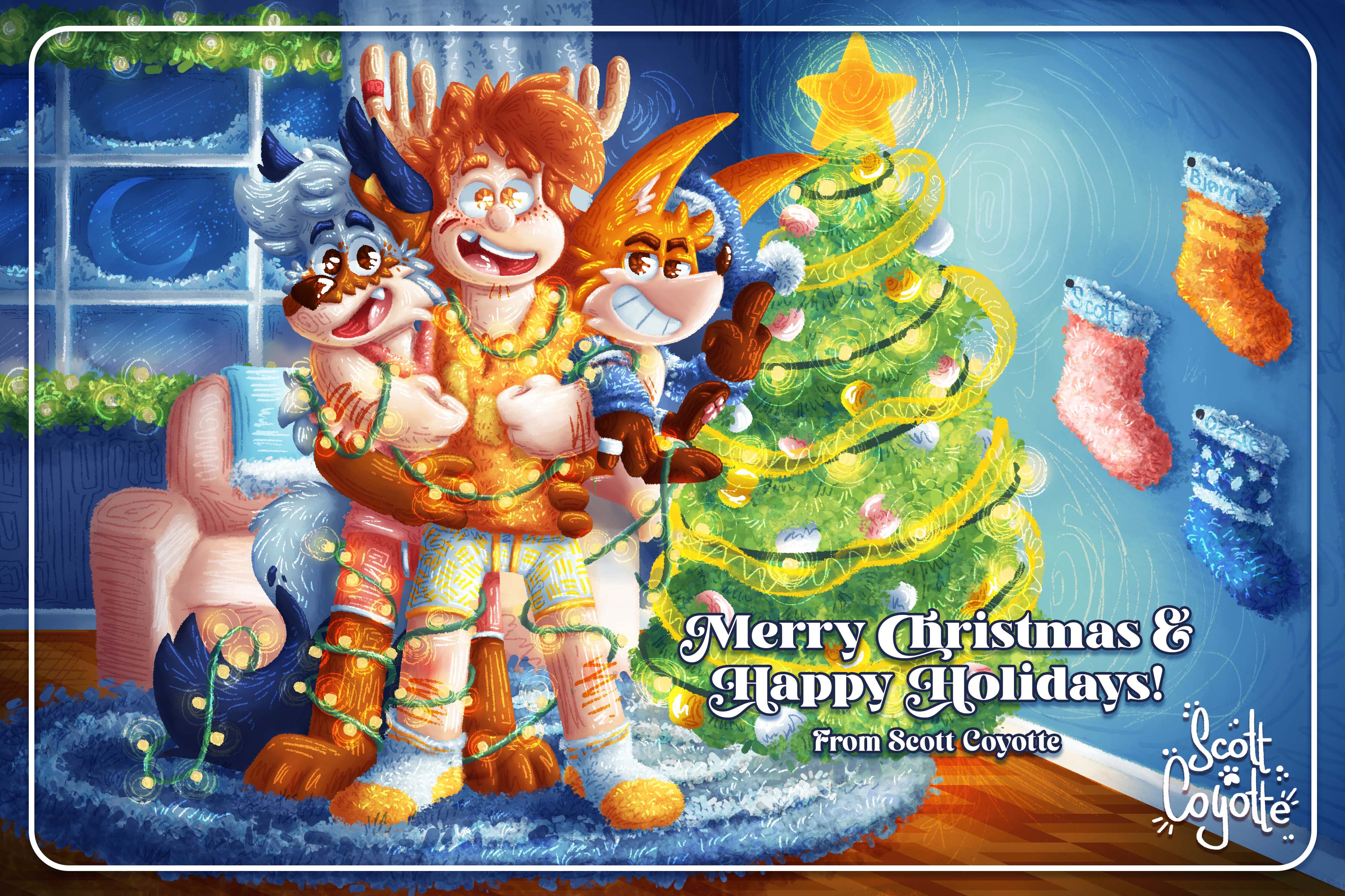 Bjørn hold Ozzie and Scott in his arms while being wrapped in christmas lights, behind them it's a christmas tree, a decorated living room and a little sign wishing you a Merry Christmas